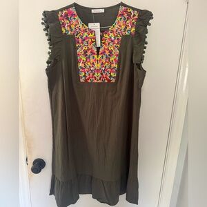Dark Gray/Olive Dress with Colorful Embroidery and Pom Pom sleeve details